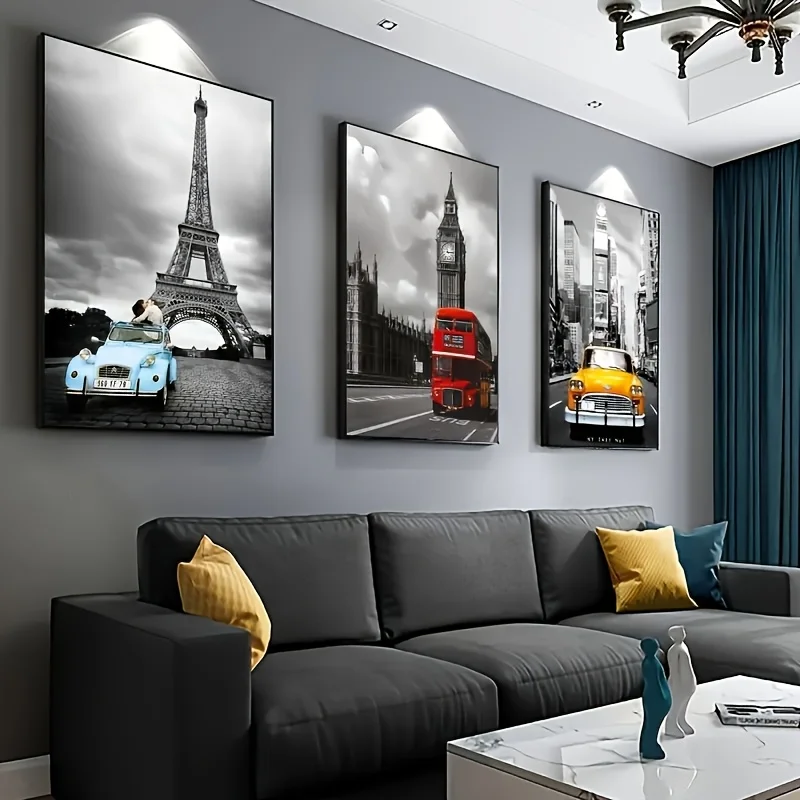 3 مجموعات من الملصقات القماشية، برج، سيارة رياضية، حافلة حمراء، منظر المدينة باللونين الأبيض والأسود، ديكور منزلي جميل، هدية لصديق #1