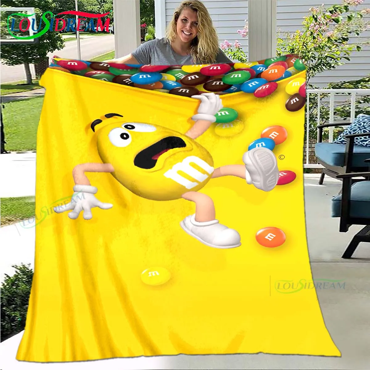 

Fashion M&M Chocolate Logo Pattern Blanket Star Flannel Thin Blanket Portable Home Travel Office Lunch Break Blanket Gift