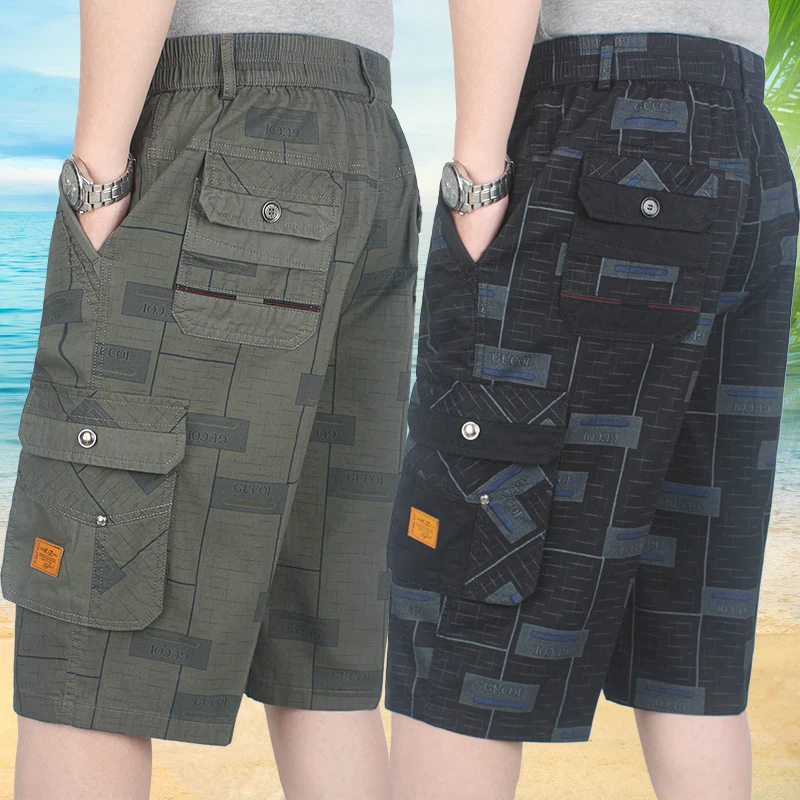 

Men's Casual Cotton Cargo orts Elastic Waist Loose Fit Summer Leisure Pants Mid-aged And ly Suitable Seven-eighths Length