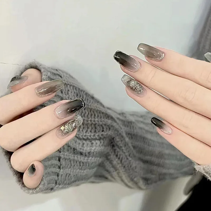 

24pcs Black & Gray Mysterious Ombre Press-On Nails - Shimmer Unique Design Long Square False Nails For Women Girl