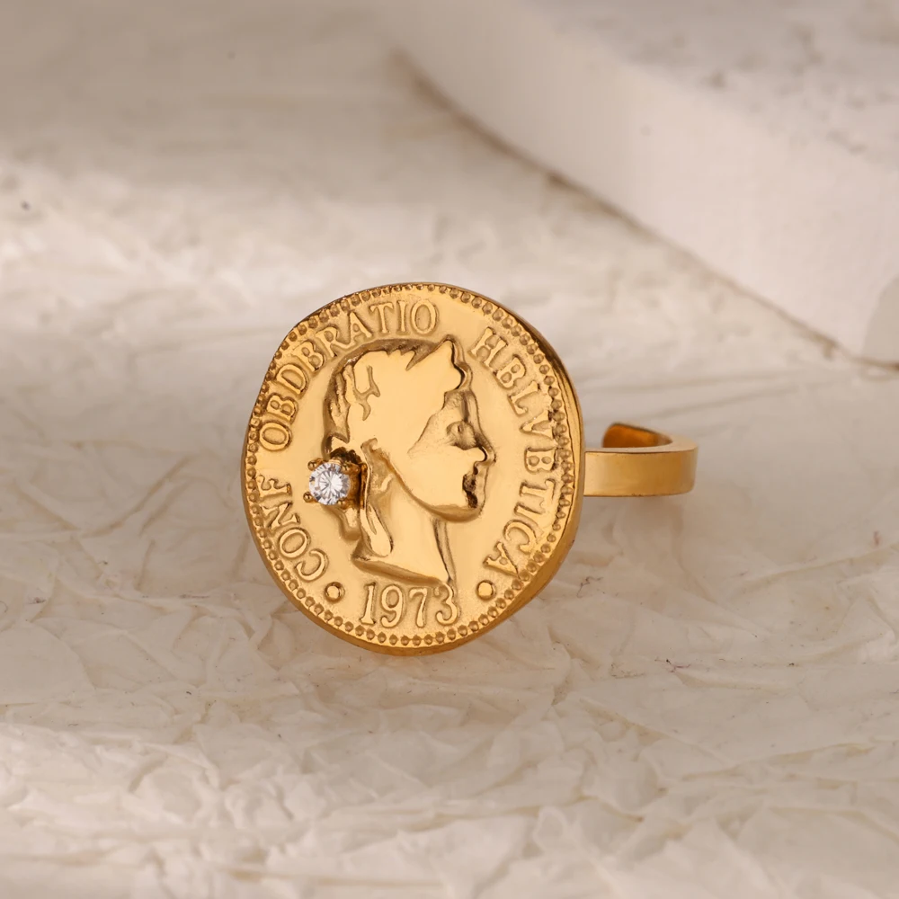 Vintage Zircon Goddess Portrait Coin Rings For Women Men Gold Color Stainless Steel Medal Ring Celebrity Fashion Jewelry bijoux