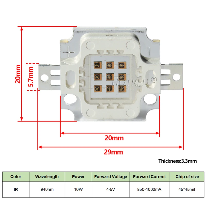 10W Infrarot IR 940 Nm LED Chip (1 Stk.) – 900 MA, 4–4,5 V, 10 Watt SMD COB Für DIY, CCTV & Nachtsicht – 120° Abstrahlwinkel