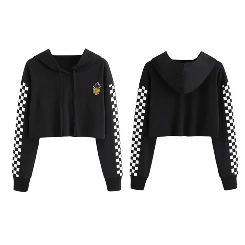 Fashion New Women's Crop Tops Sweatshirt Girls Female Casual Pineapple Embroidery Gingham Plaid Hoodies Pullover 5 Colors