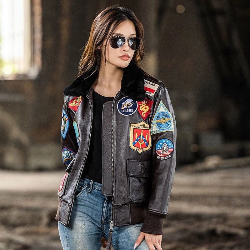 Dark Brown TOP GUN G1 Pilot Leather Jacket Women Military Style Natural Cowhide Winter Aviation Genuine Leather Coats