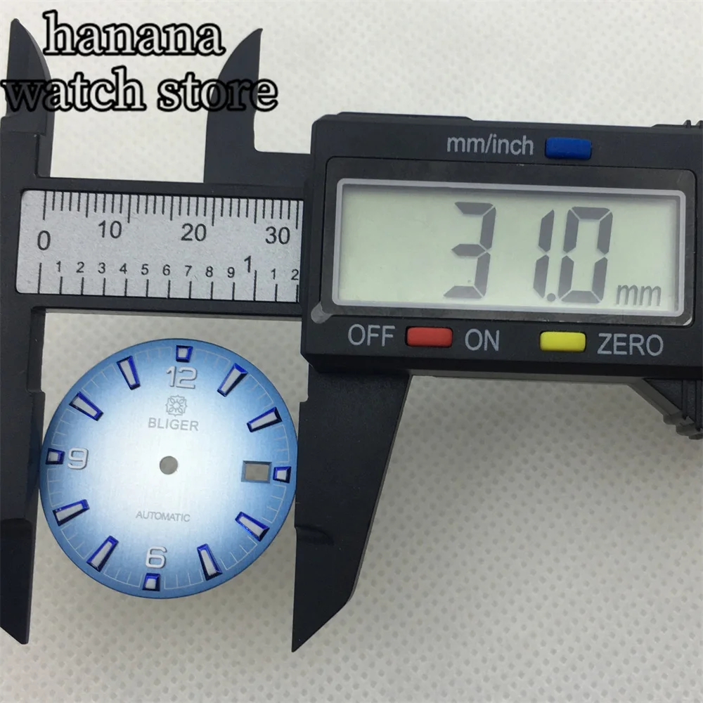 BLIGER 31mm blue white dial luminous dial with NH35 NH36 movement, 3 degree clock crown, 3.8 degree clock crown