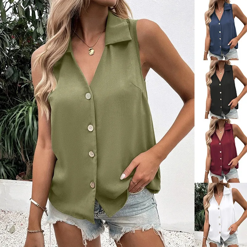 Image of Neue Sommerkollektion für Damen: Einfarbiges V-Ausschnitt-Oberteil aus Chiffon mit lockerer Passform und Knopfleiste