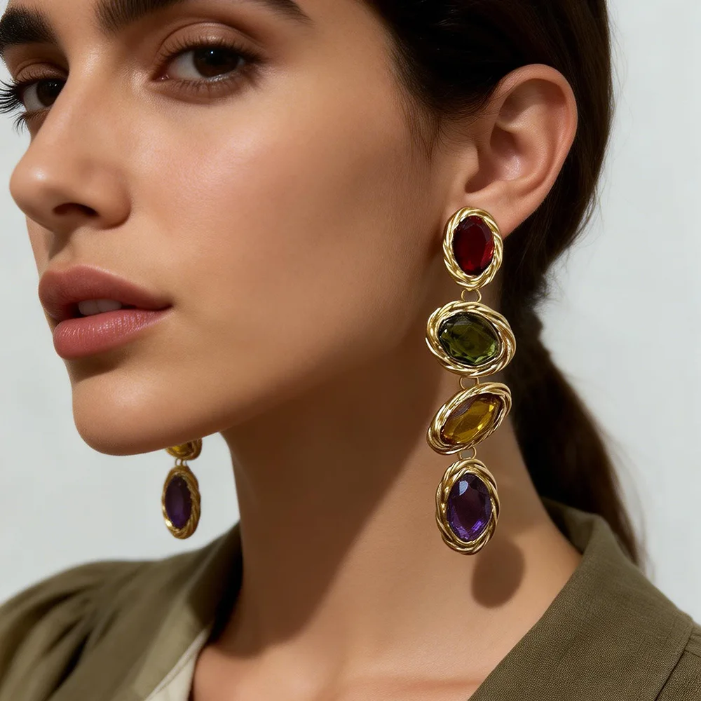 Court style gradual change resin earrings long four-color gemstone fringed earrings retro noble temperament earrings women
