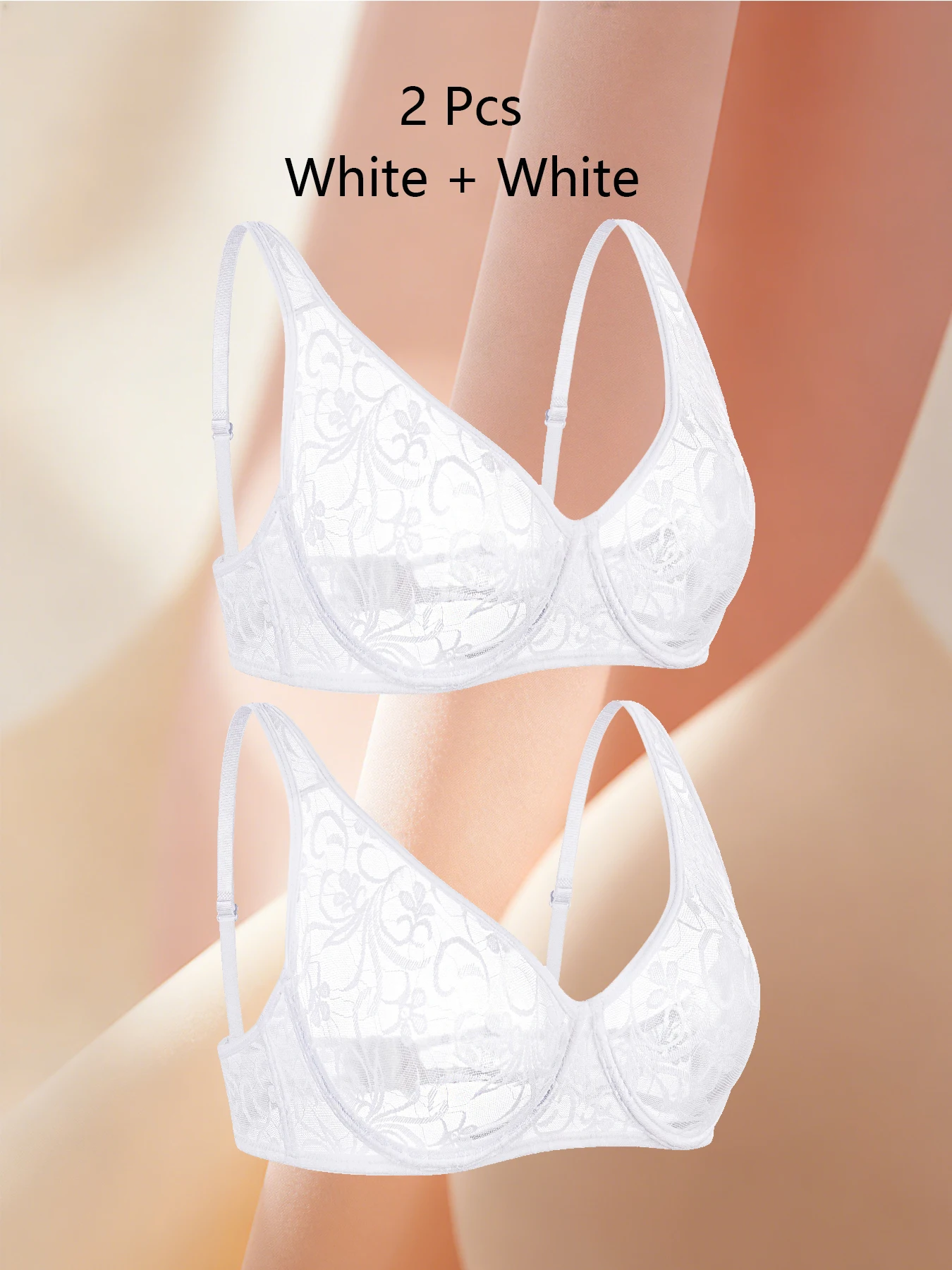 2pcs White Brassiere Plus Size Ultra-Thin Solid Lace Womens Bra Fashionable Elegant Luxurious Womens Lingerie Sexy Underwear