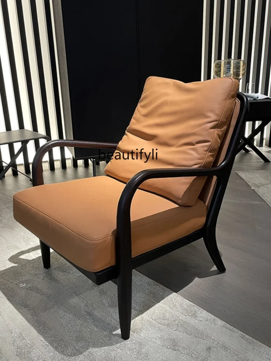 

xzLeather Lounge Chair down Soft Cover First Layer Cowhide Double Armrest Sales Model Room Chair
