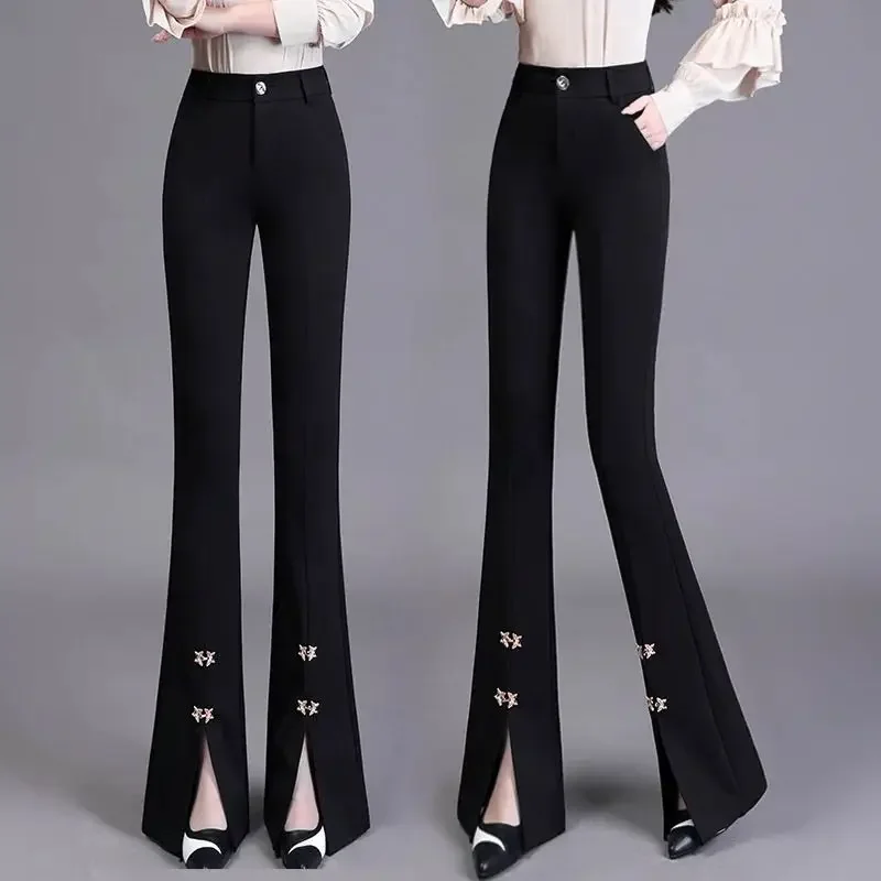 

Женские весенне-осенние новые корейские модные черные универсальные повседневные брюки с высокой талией, утягивающие расклешенные брюки с разрезом XT1136