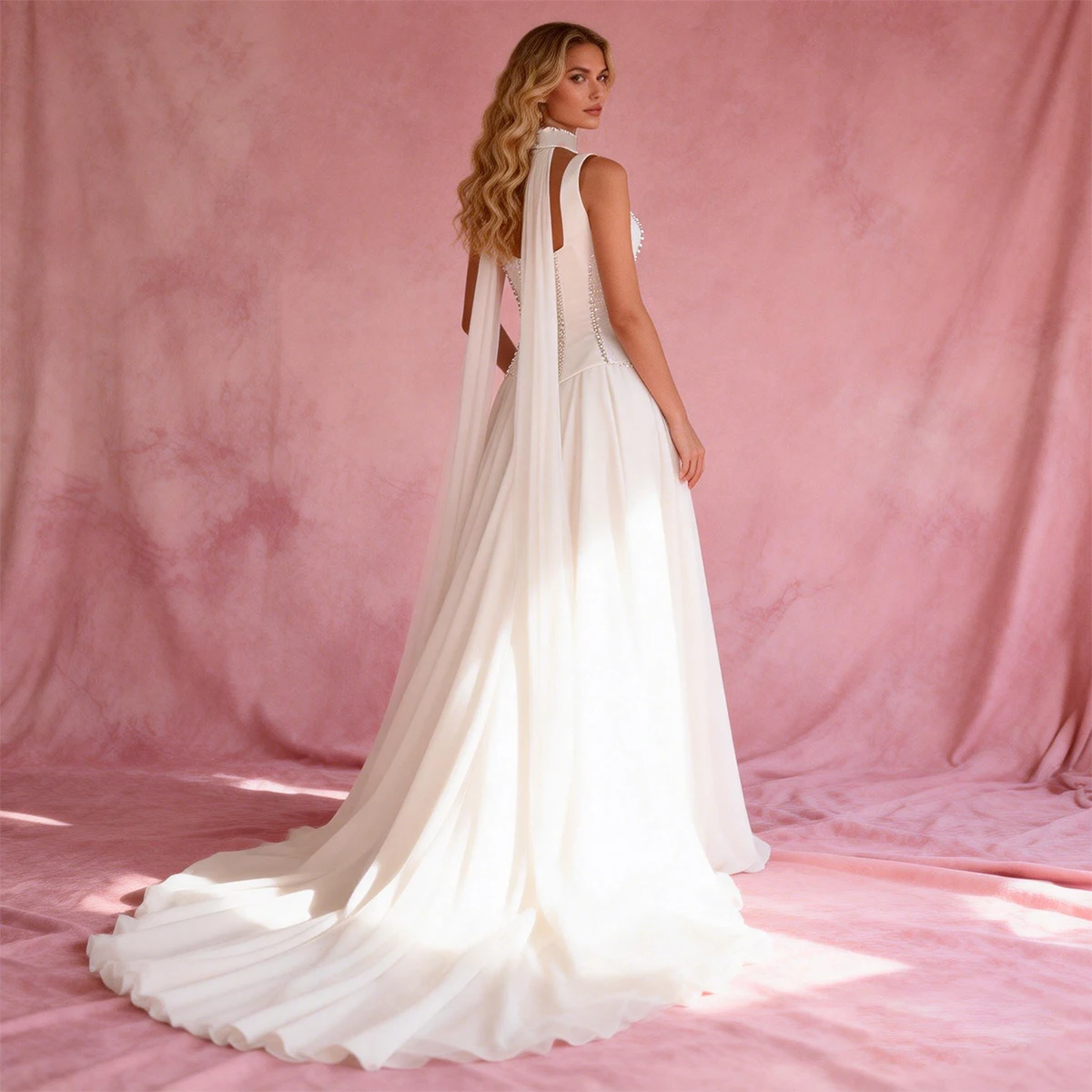 Luxury Beaded Satin Wedding Dress With Scarf Long Square Collar Ball Gown For Bride A Line Bridal Party Gown Vestidos Novia