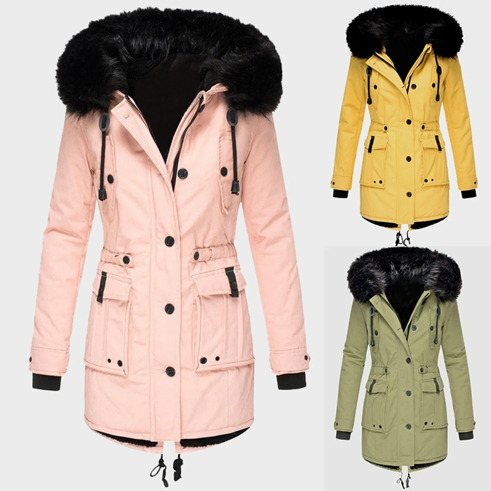 Dames leren capuchon Stijlvolle damesoverjas Taille strak Casual pure kleur winterjas Lange mouw Lange winterjas voor werk