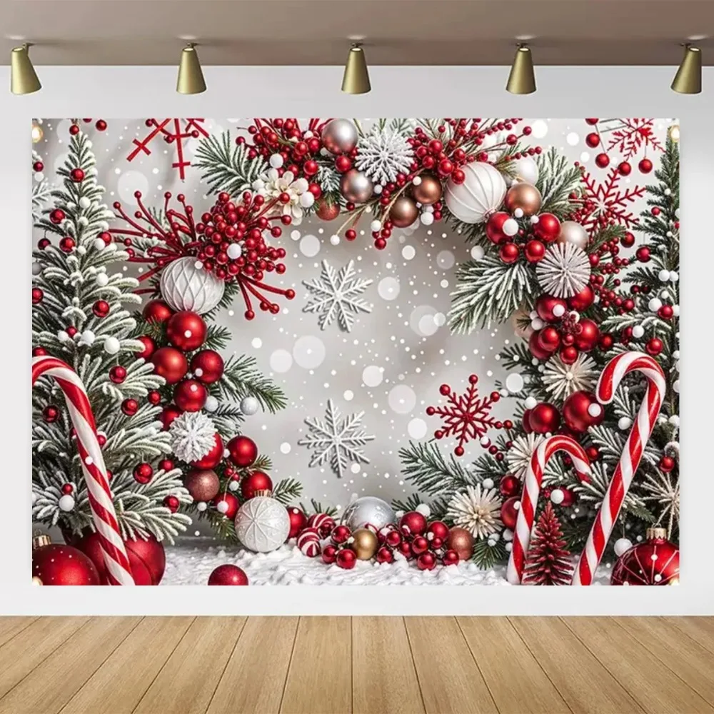 Weihnachten Süßigkeiten Thema Hintergrund Rote Süßigkeiten Streifen Schnee Winter Neujahr Festival Party Dekoration Hintergrund Banner für Foto Requisiten