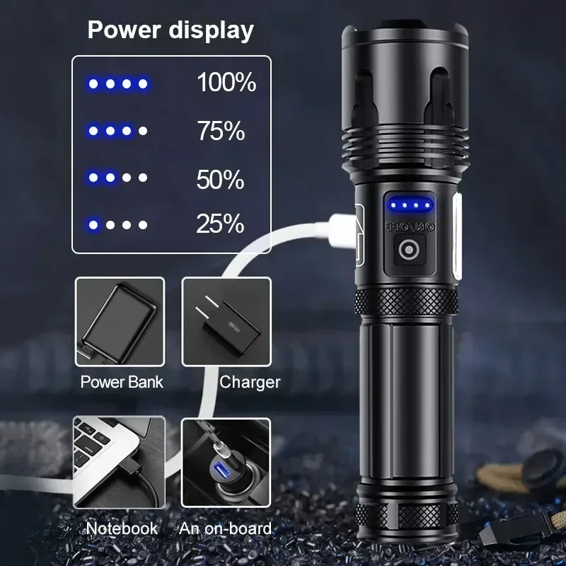 Super Bright XHP70 Powerful Led Flashlight Power Bank Torch Light USB Rechargeable Camping Tactical Flashlight with COB Lamp