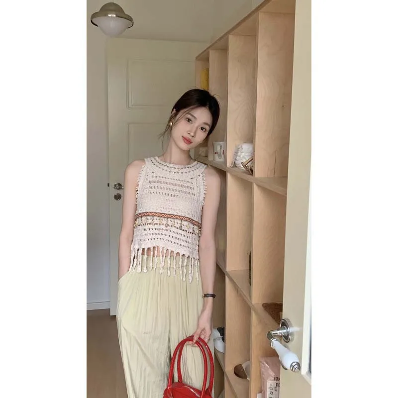 Boring Honey Unique Design Crochet Hollow Out Tassel Vest Women Fashion Woven Sleeveless Cover Up Tank Top Casual Going Out Tops