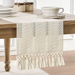 Macrame Style Boho Table Runner, Ivory Table Runners with Tassel, Farmhouse Woven Home Decor,  Ivory