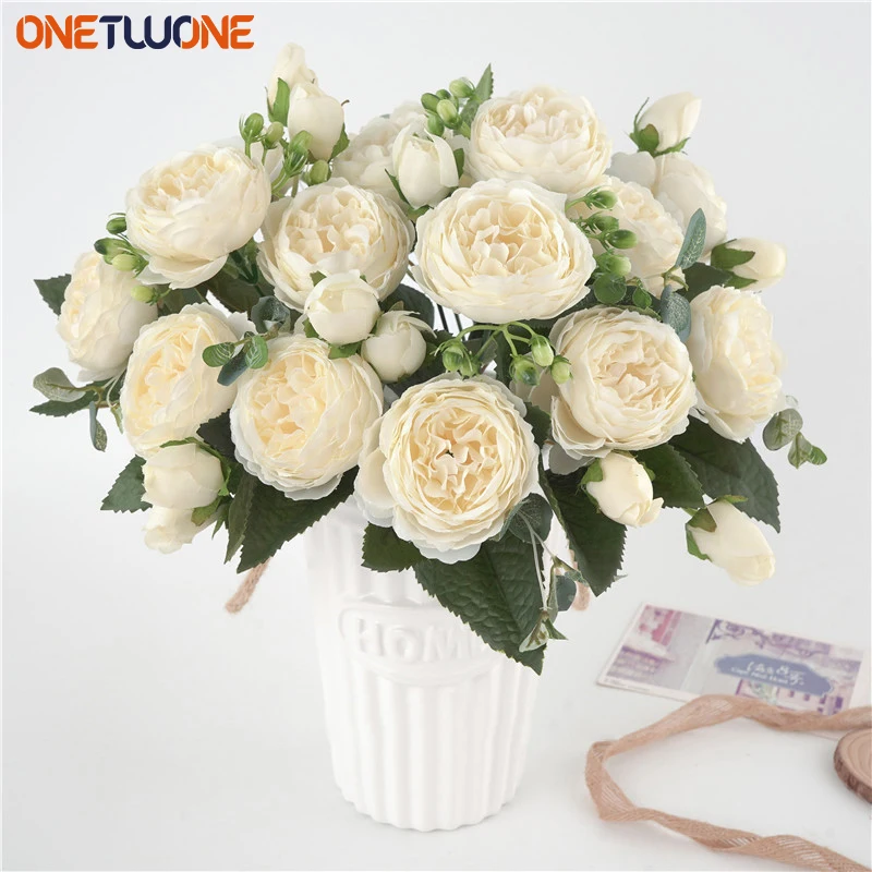 5 Big Heads/Bouquet Peonies Artificial Flowers Silk Peonies Bouquet 4 Bud Flowers Wedding Home Decoration Fake Peony Rose Flower