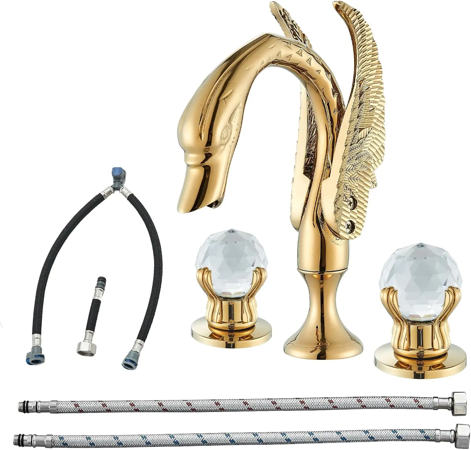 

Gold Swan High Arc Waterfall Bathroom Sink Faucet with Crystal Knobs, 3-Hole Widespread Installation