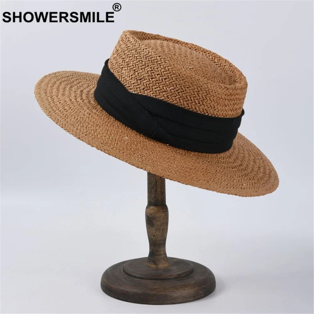 

SHOWERSMILE Women Straw Hat Summer Flat Brim Cap Ladies Beach Panama Hat High Quality Korean Fashion Sun Hats for Women