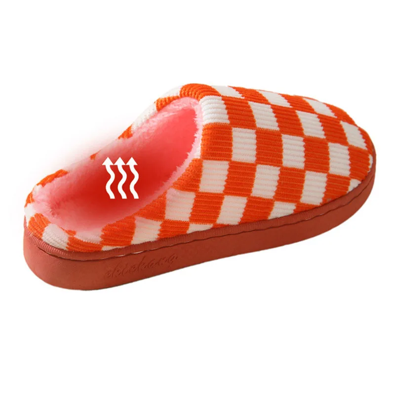 Sandal Kotak-kotak Wanita Musim Dingin Hangat Rumah Kawaii Kartun Lembut Contton Dalam Ruangan Lucu Lucu Berbulu Sepatu Lantai Rumah Perempuan Checkerboard