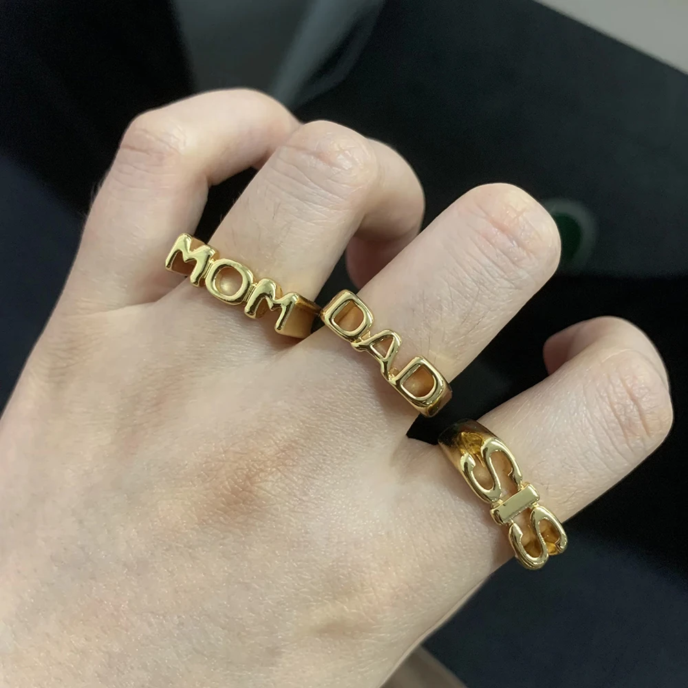 Gold Color Stainless Steel Rings For Women Men MOM SIS DAD Letter Broad Ring Simple Style Fashion Jewelry Family Christmas Gifts