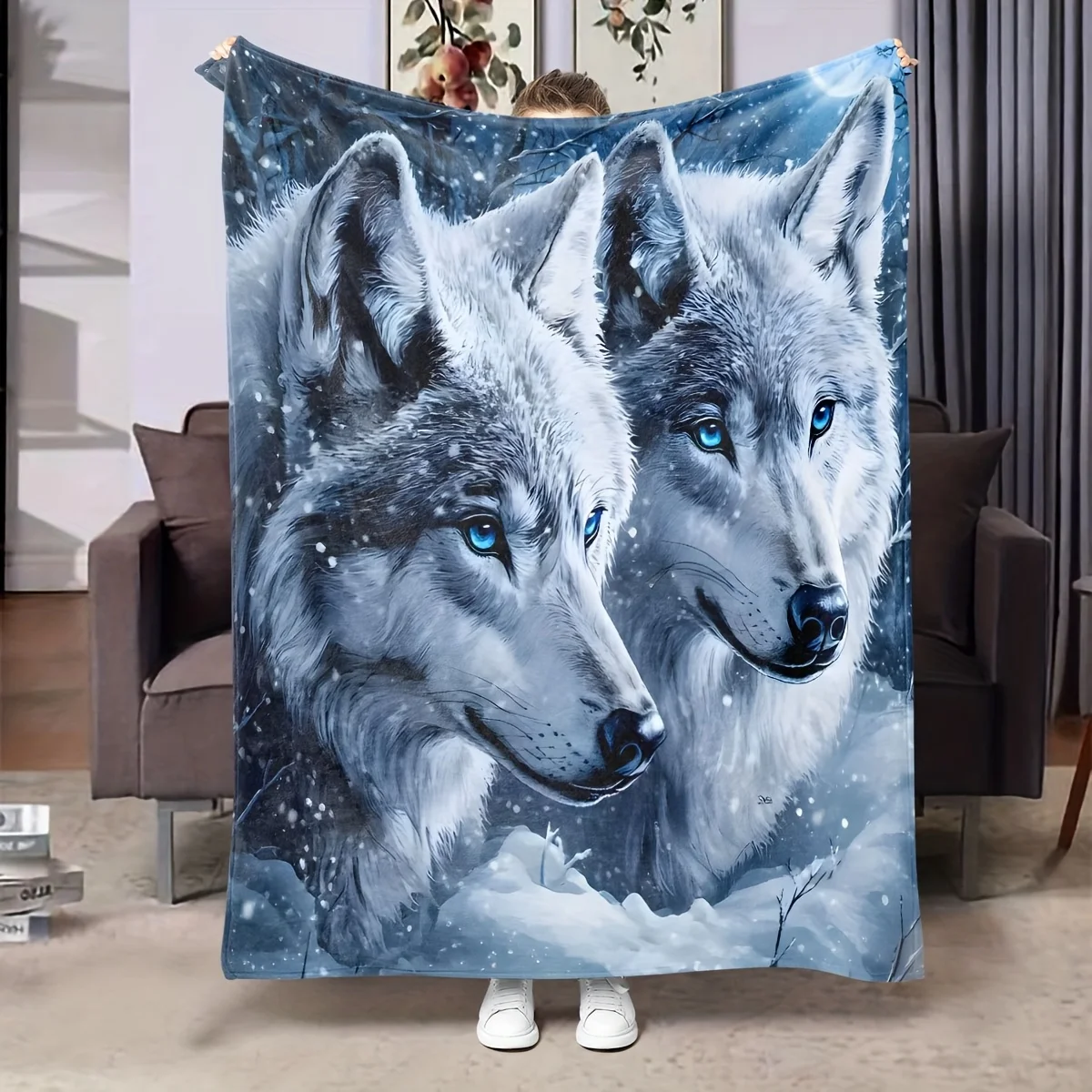 Cozy Wolf in Snow Print Flannel Blanket - Soft, Warm Throw for Bed, Travel, Camping, Living Room, Office, Sofa & Chair