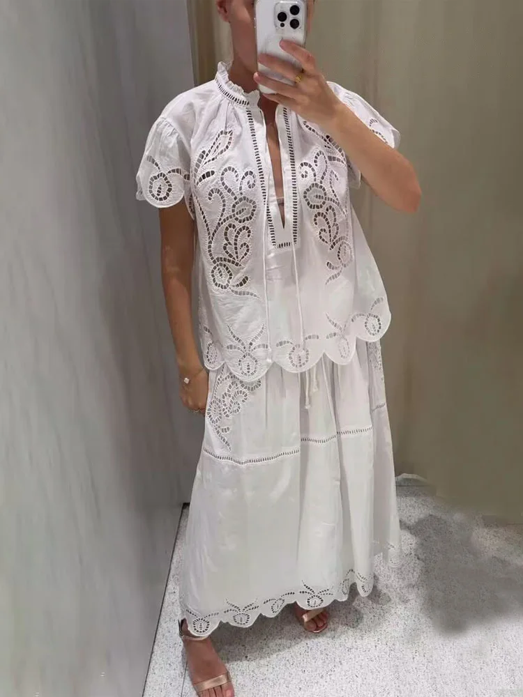 

HH женский костюм с юбкой на шнуровке и вышивкой, круглый воротник, топ с короткими рукавами + летняя мода, однотонная длинная юбка с эластичной резинкой на талии