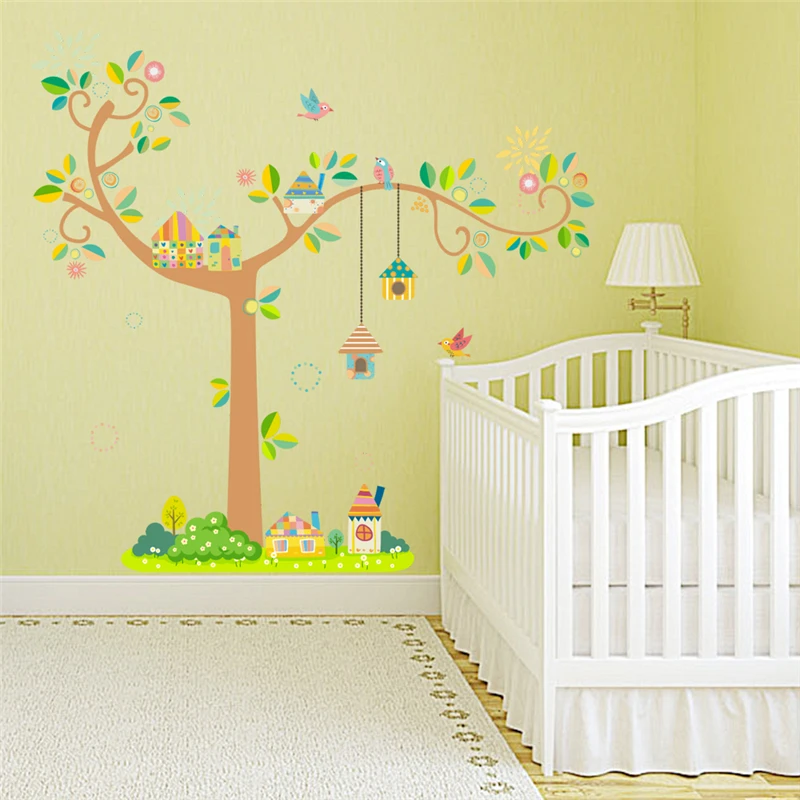 

Birds Cage Floral Tree Wall Sticker For Kindergarten Kids Room Bedroom Home Decor Nursery Animal Mural Art Diy Pvc Wall Decal