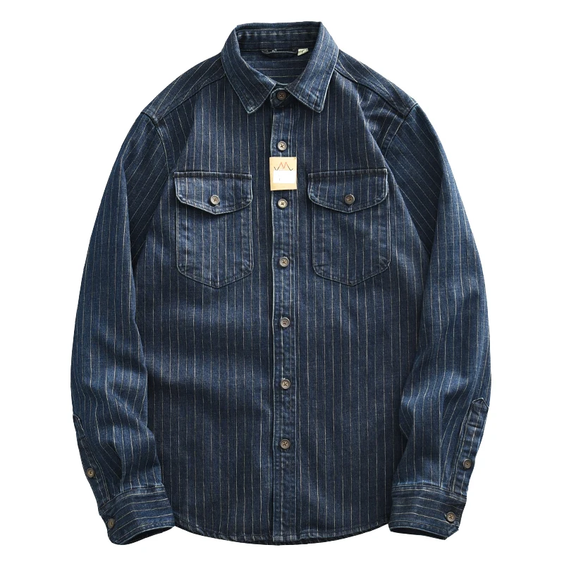 Autumn heavy striped denim shirt men\'s May khaki cargo coat retro loose large size shirt