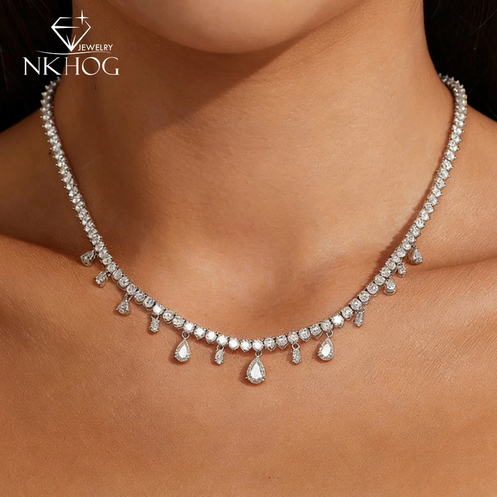 

Теннисные ожерелья NKHOG из муассанита для женщин, серебро S925, роскошные, с грушевидной/овальной огранкой, имитация бриллиантов, свадебные цепочки на шею, изысканные ювелирные изделия