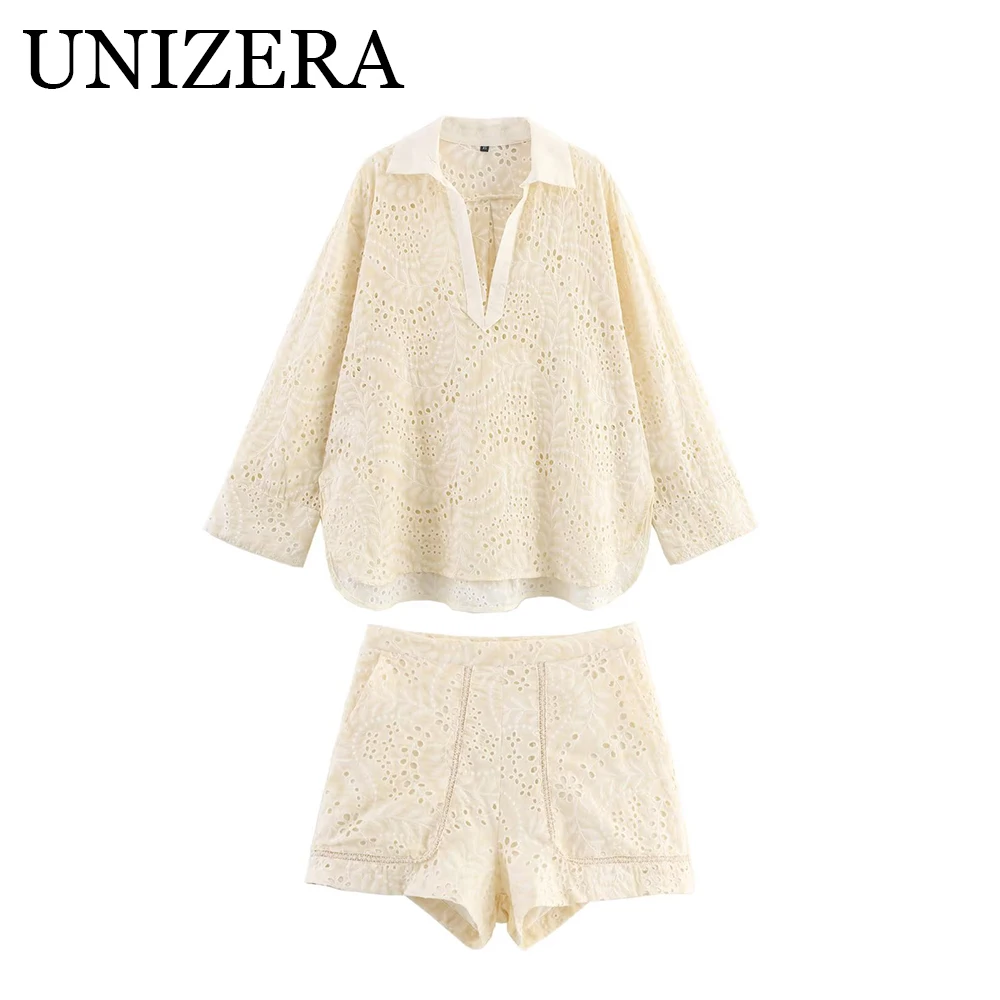 

Европейский и американский стиль, осенняя новая женская одежда, дизайнерская рубашка с полой вышивкой, шорты со средней талией