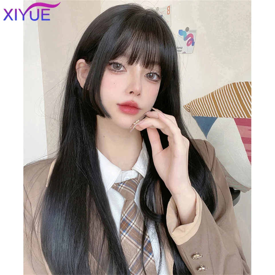 XIYUE Princess Cut Bangs długie proste peruki syntetyczne dla kobiet peruki z naturalnymi falami z grzywką żaroodporne włosy Cosplay