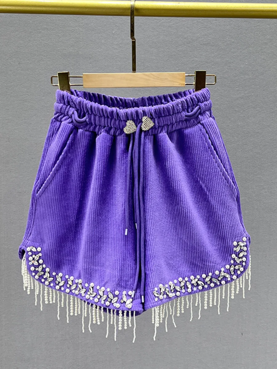 Tassel Exquisite Rhinestone Sweet Pink Corduroy for Women 2023 New Winter High Waist Slimming Boot Pants Wide Leg Shorts