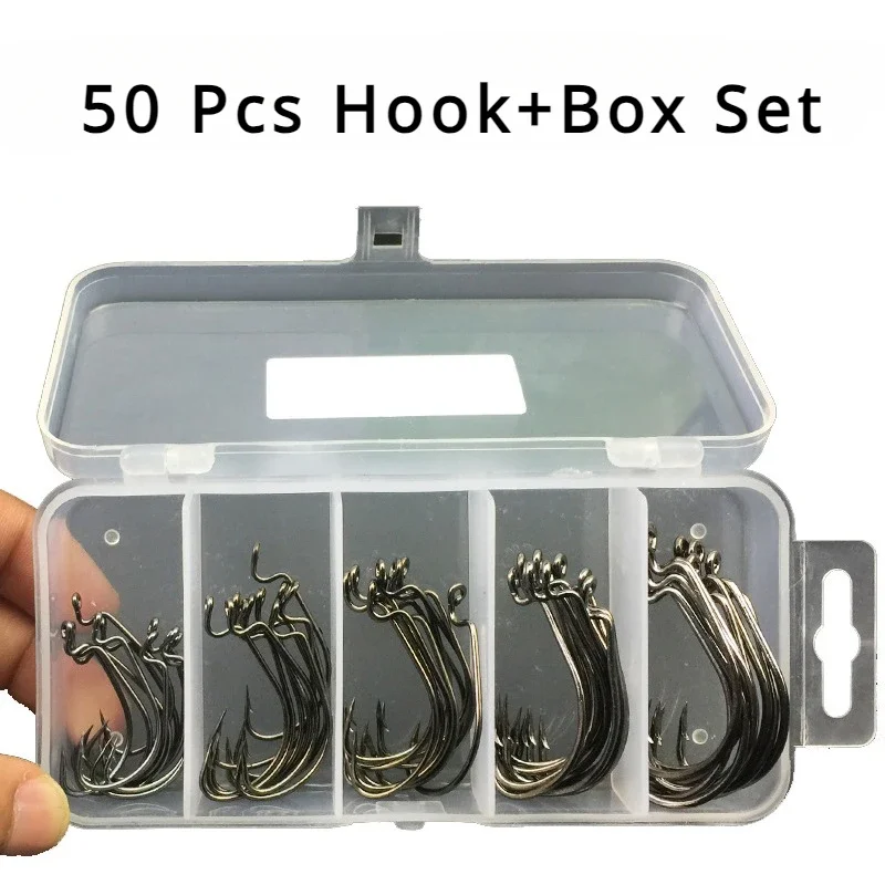 

50 Pcs Fishing Hooks Good Quality Crank Hooks Sets High Carbon Steel Fish Hooks Sharp Hook Point Texas Fishing Sets LUYA Hooks