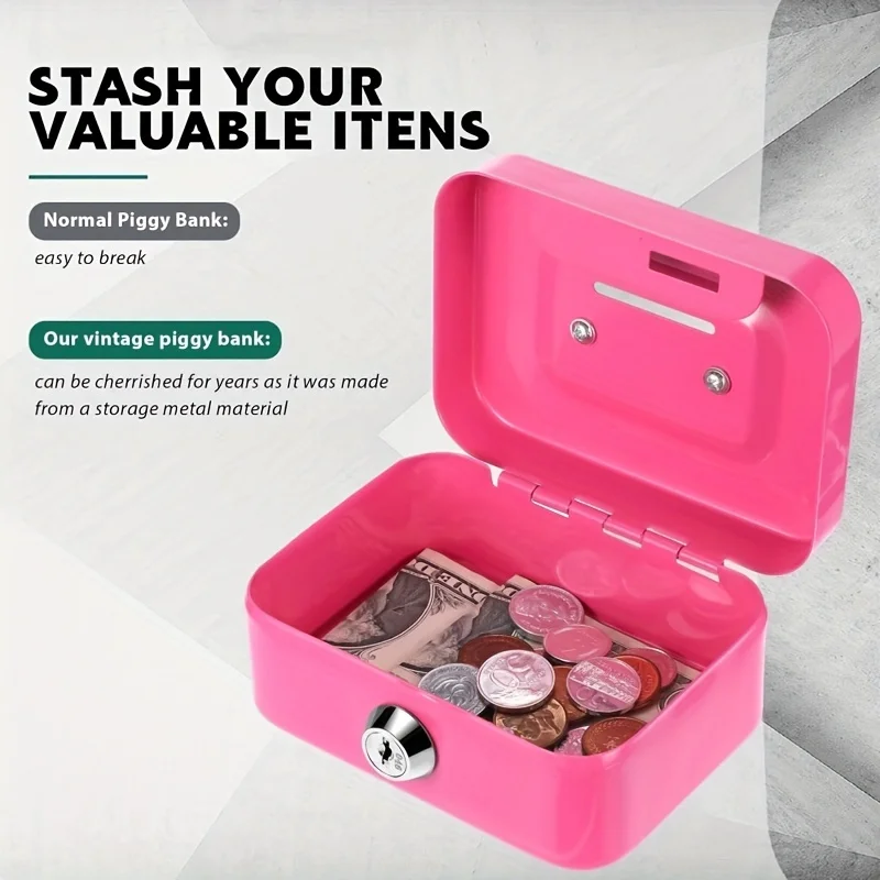 Metal Cash Box with Key Lock - Secure Coin Storage & Piggy Bank for Office/Home, Includes Handle