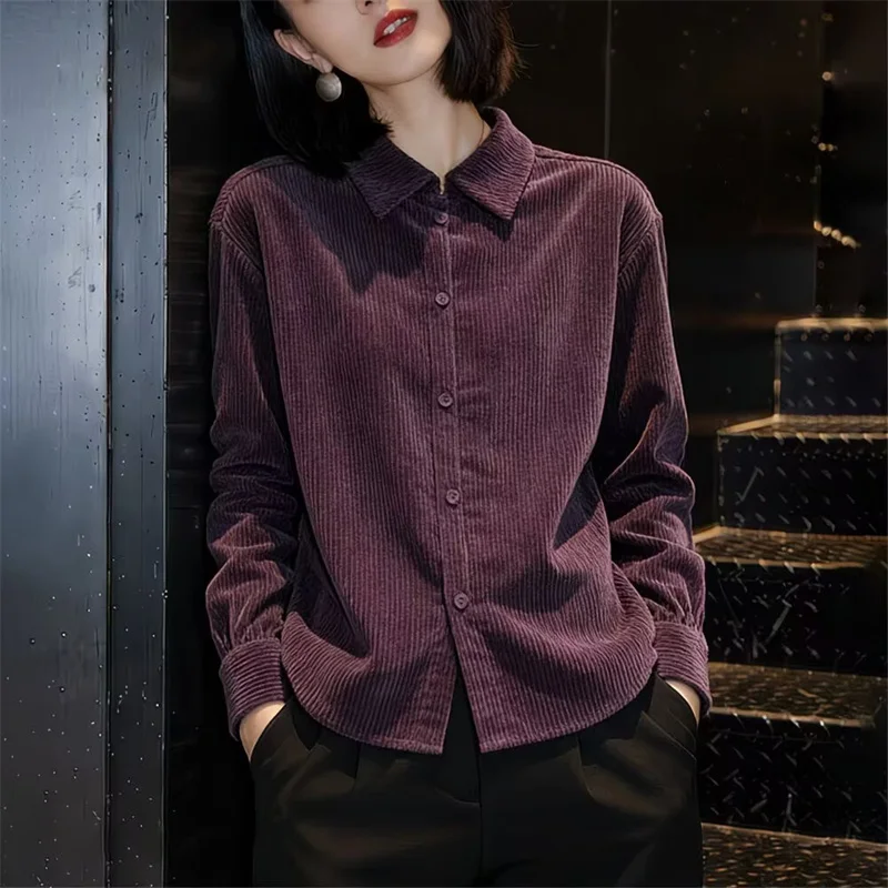 Fashion Purple Corduroy Shirt Women's Spring and Summer High-grade Sense of Age Reduction with Loose Cardigan Lapel Shirt New