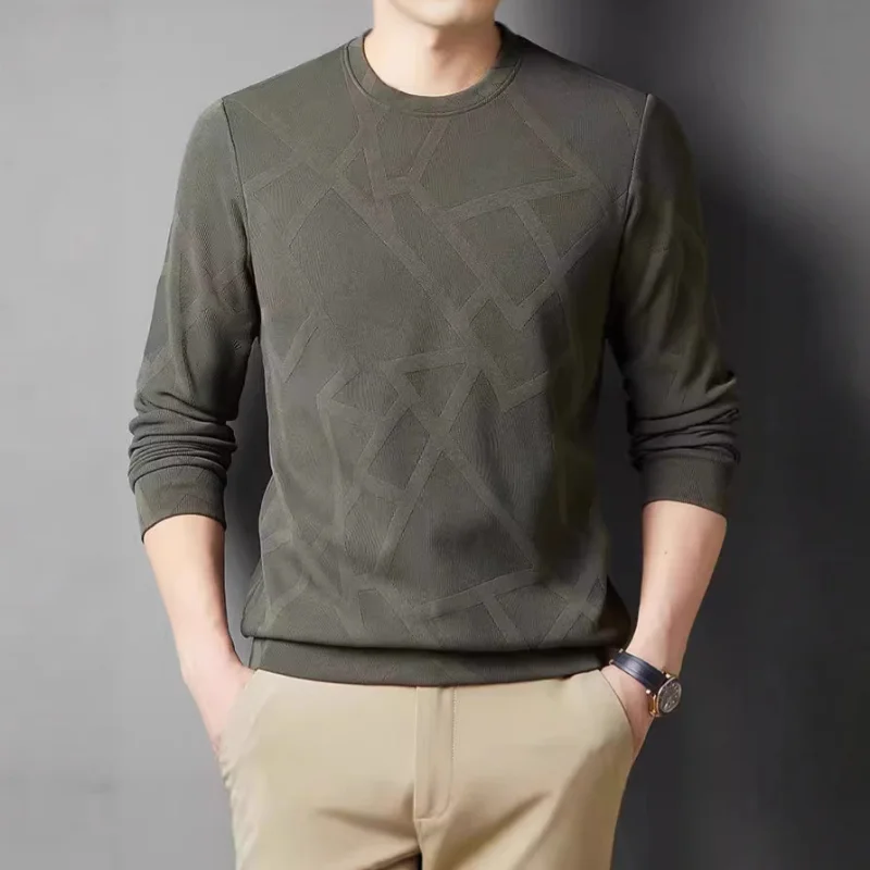 Novo moletom masculino jacquard em torno do pescoço elegante confortável casual e versátil camiseta base de manga comprida