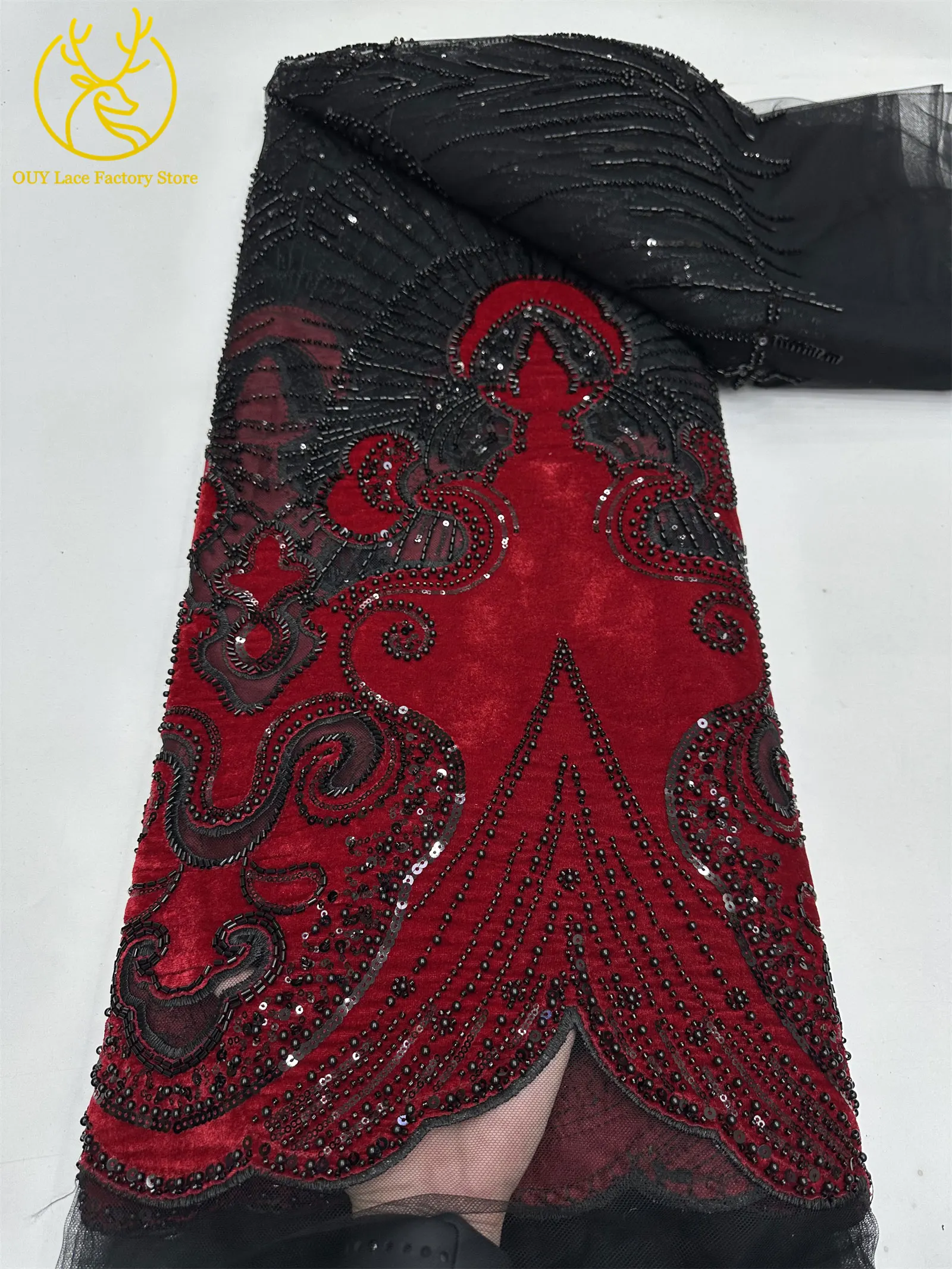 Luxuriöser afrikanischer Samtstoff mit goldenen Perlen und Pailletten, 5 Yards, weinrot, bestickter französischer Tüll für Damen-Partykleider – Detail 20