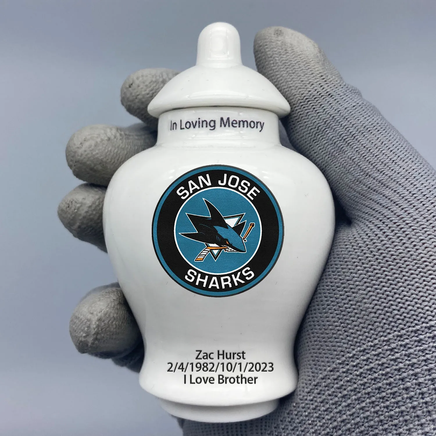 

Mini Urn for San Jose Sharks- Hockey themed customize Urn.Send me the name/date you want to appear on the urn by Remarks Message