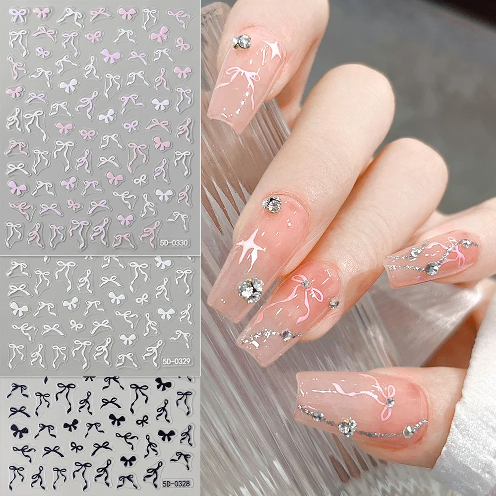 1Sheet Pink/White/Black Bow 5D Nail Art Stickers Bowknot Self-Adhesive Slider Romantic Lace Ribbon Valentine's Manicure Decals *