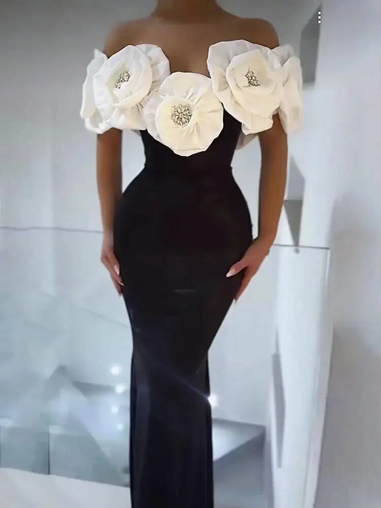 Women Sexy Off Shoulder Flower Diamonds Long Bodycon Bandage Dress Celebrity Elegant Evening Luxury Birthday Party Dresses G0R2