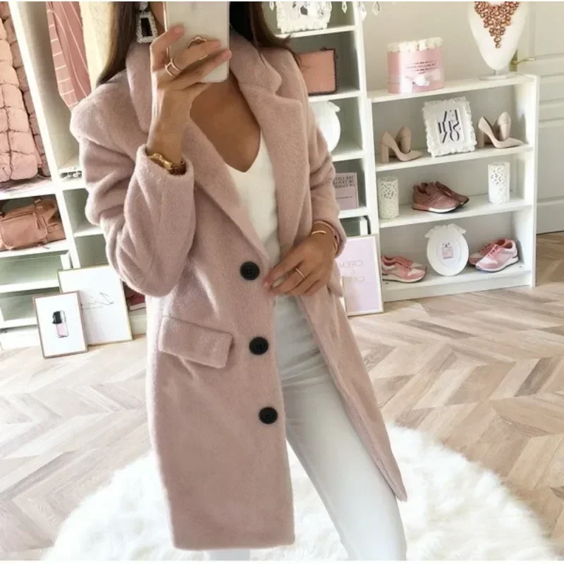 Women\'s L-5XL plus size Solid Color Coat Suit Collar Medium Length Fashion Double Breasted Woolen Coat Elegant Women\'s Coat