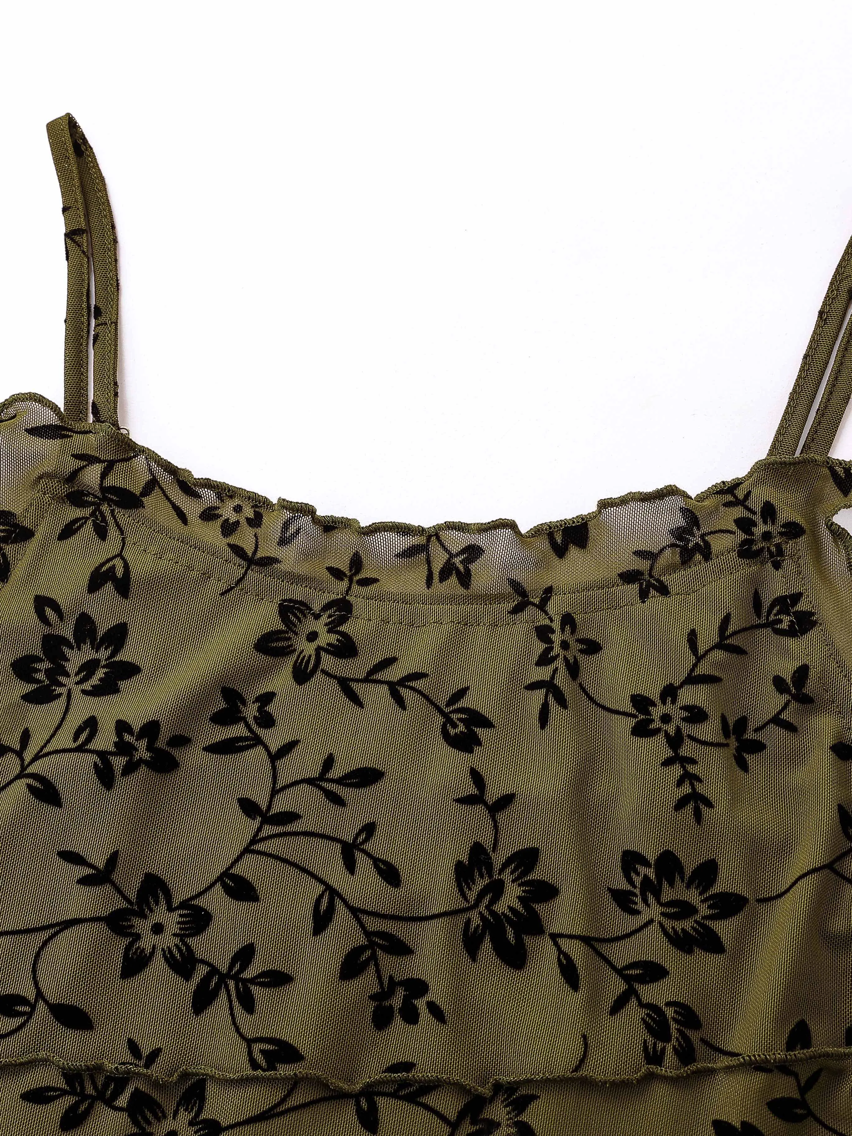 Women's Summer Fashion Slim Fit Flower Flocking Suspender Sleeveless Ruffle Dress