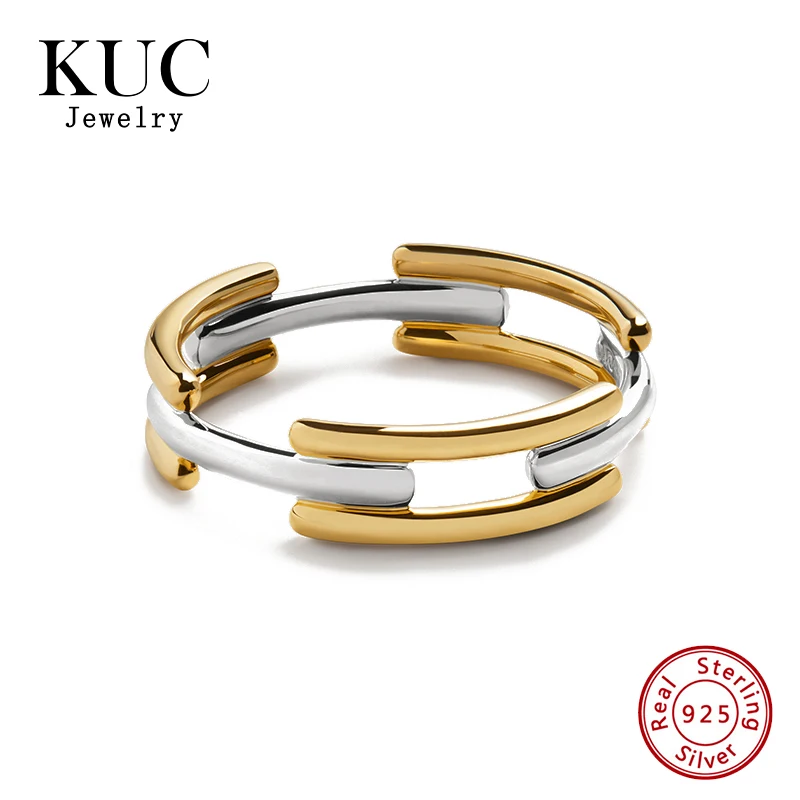 Unique S925 Sterling Silver Fashionable Signature Link Mixed Metal Stacking Two-color Ring