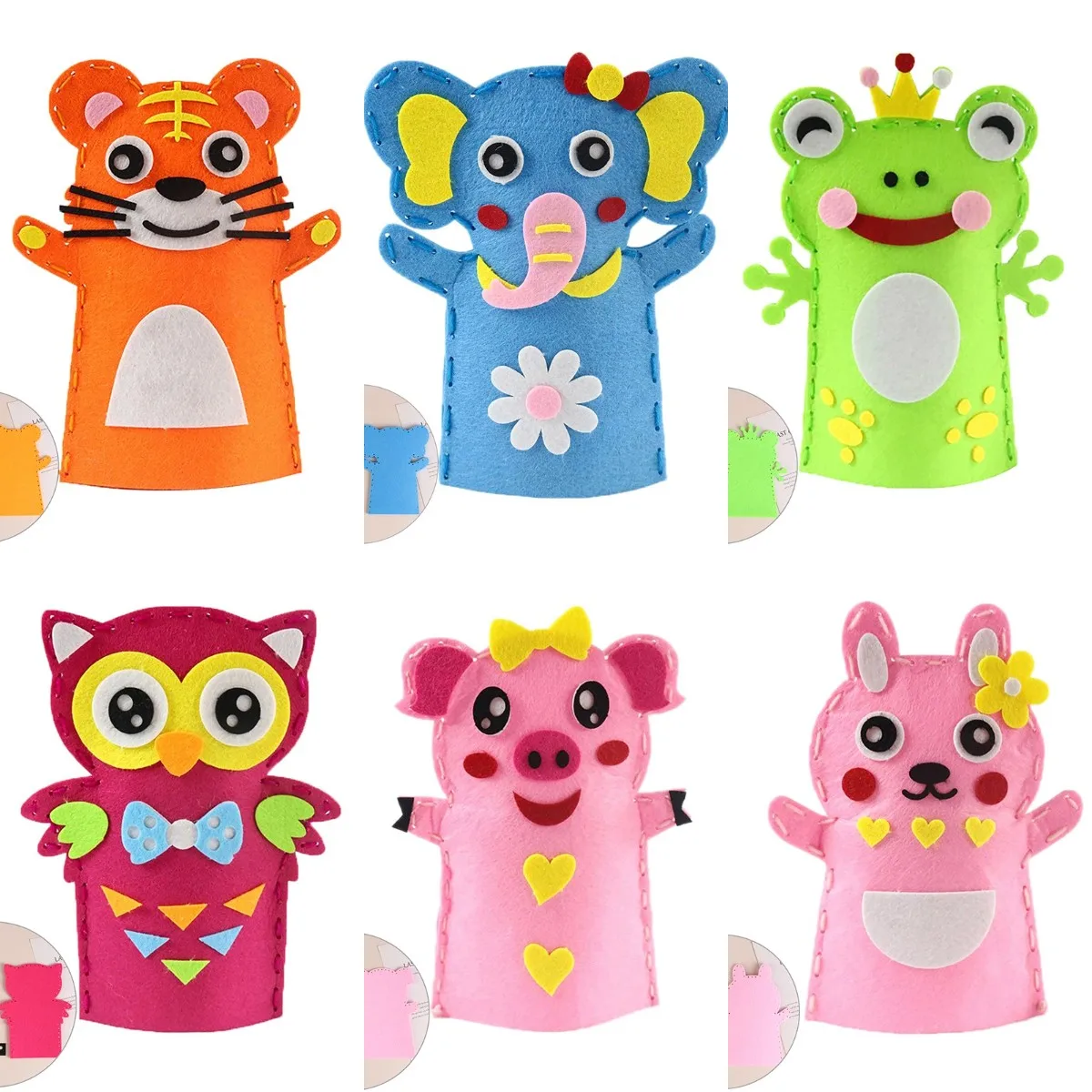 

Children DIY Cartoon Hand Puppet Craft Toys Cute Animal Theme Tiger Elephant Non-Woven Handicrafts Handmade Paste Material Kits