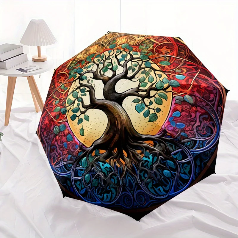 

1pc Colorful Tree Design Automatic Portable Folding Umbrella with Durable Iron Frame and Plastic Handle, Suitable for All Seas