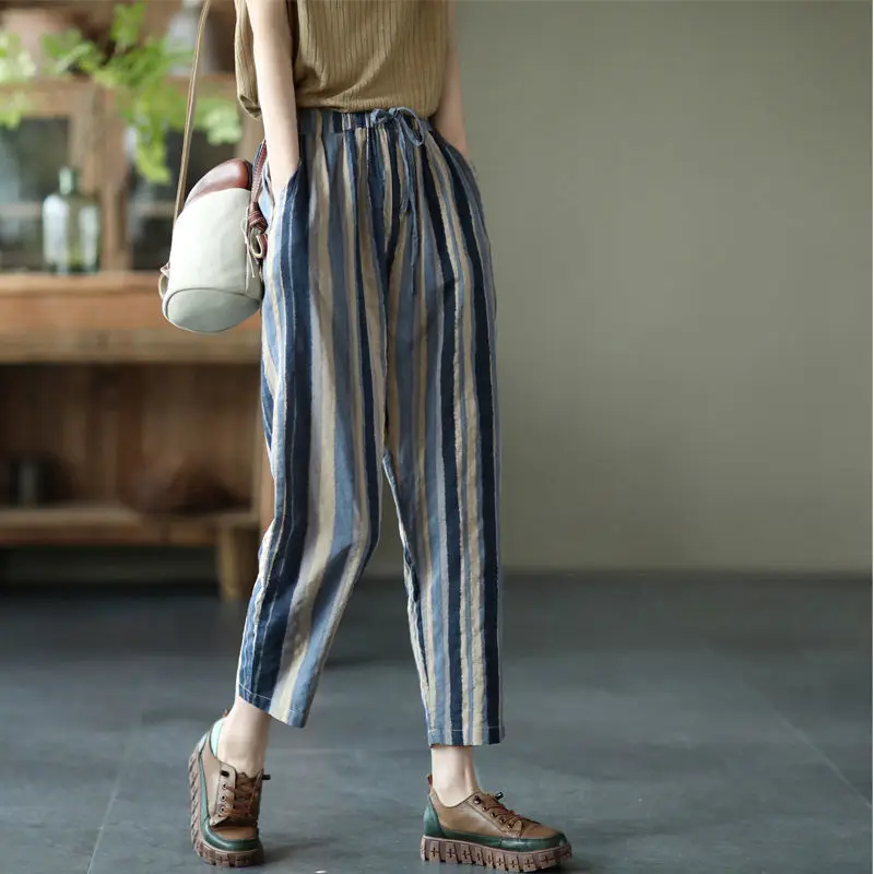 

Cotton and Linen Women's 2024 Summer New Patchwork Elastic Waist Pocket Fashion Loose Carrot Stripe Harlan Linen Cropped Pants