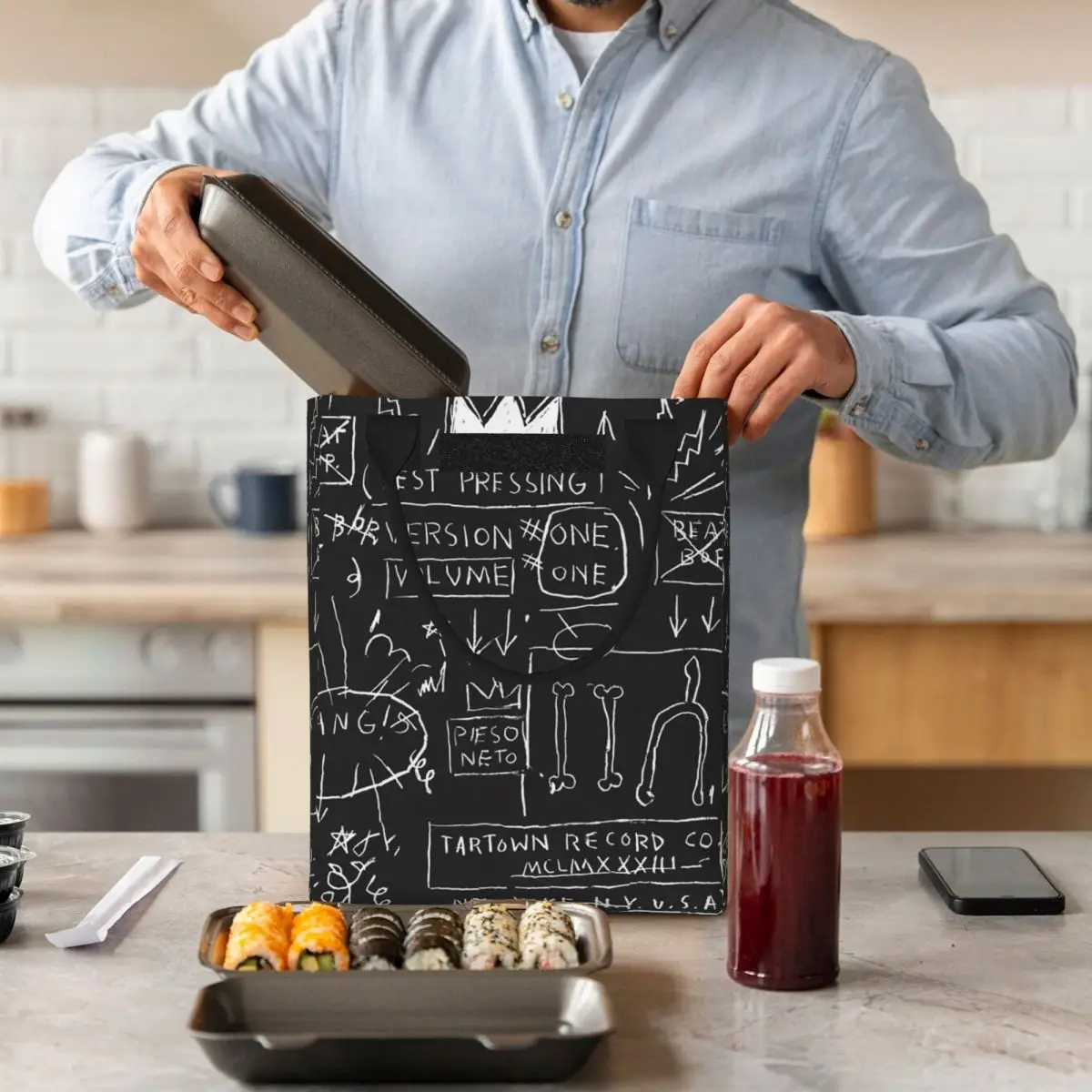 Tuxedo borsa da pranzo isolata termicamente in bianco e nero donna Jean Michel Basquiats contenitore per il pranzo portatile contenitore per