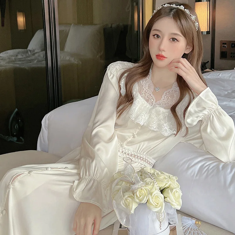 Palace Style Princess Nightdress Elegant Sexy Lace Long Nightgown Women\'s Sleepwear Spring Summer Satin Home Dress Lounge Wear