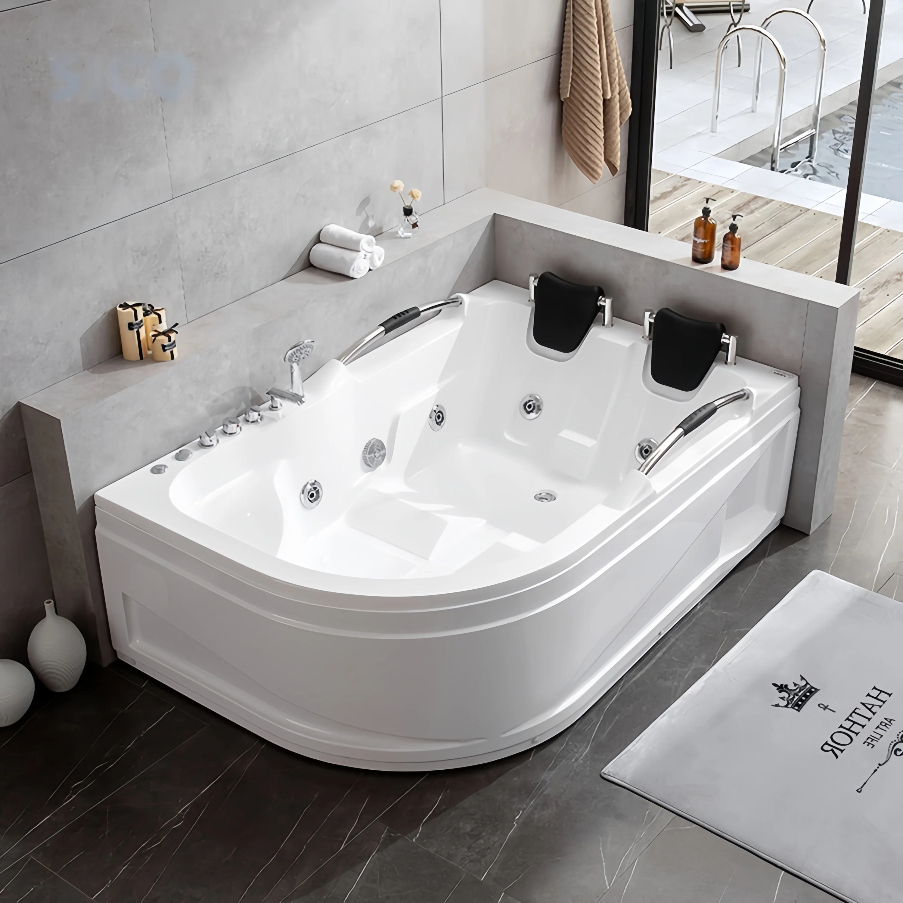 Luxury Acrylic Hot Tub 2 People Whirlpool Massage LED Lights Bluetooth Heater Diamond Shape Bathtub Drainer Modern Hotel Use